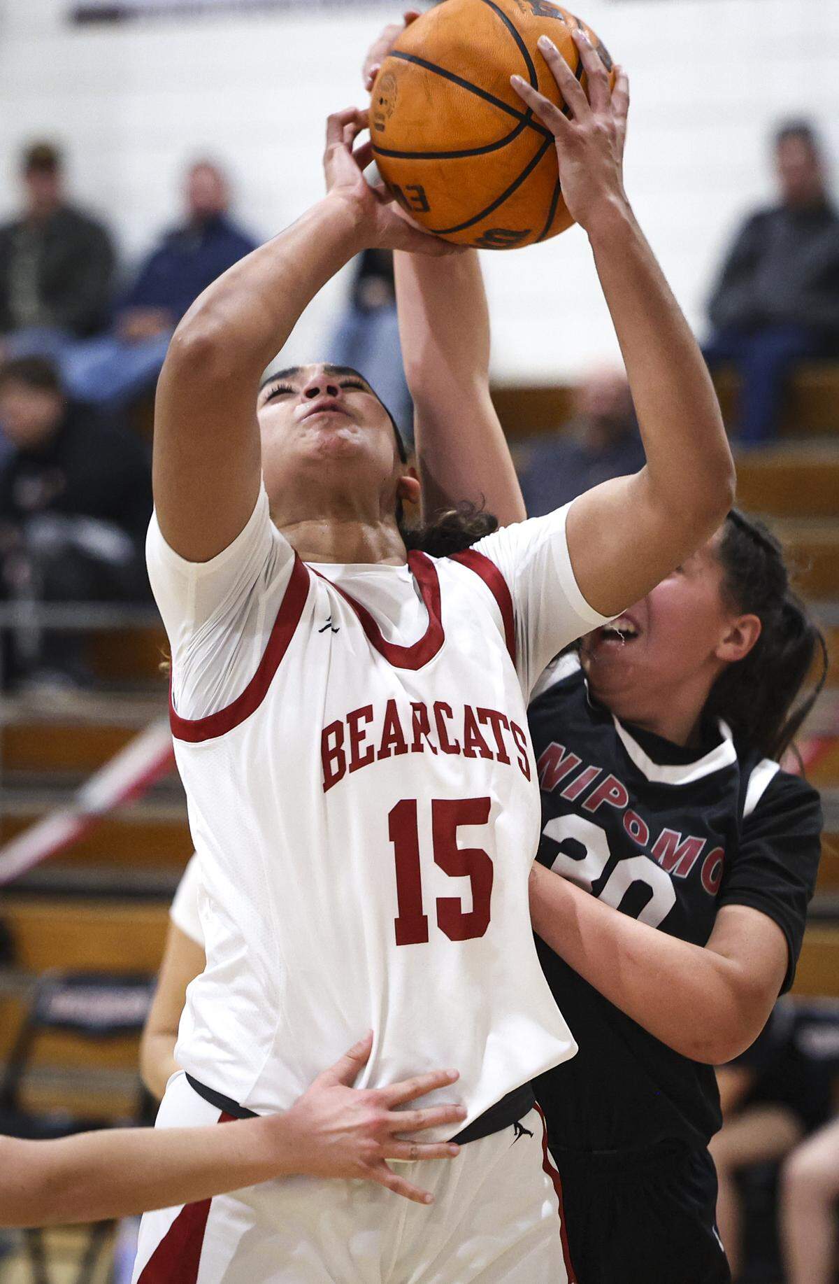 Genisis Gavilanes is fouled by Juliana Able. Paso Robles High School girls’s basketball team beat Nipomo 57-36 on Feb. 6, 2026.