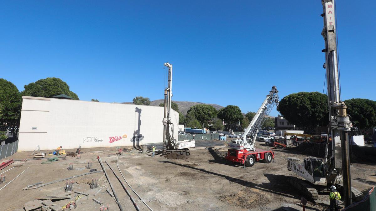 The San Luis Square development, seen under construction on Oct. 10, 2023, includes the former Foster’s Freeze property on Marsh Street as well as frontage on Higuera Street in downtown San Luis Obispo. The project is a mixed-use, three-building, multi-story space that will include housing units and commercial space.