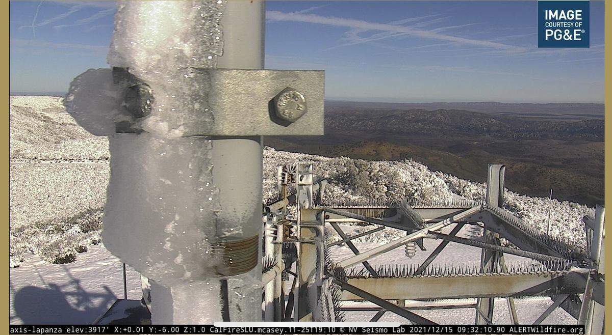 A PG&E camera captured this image of snow and ice on the top of La Panza Peak.