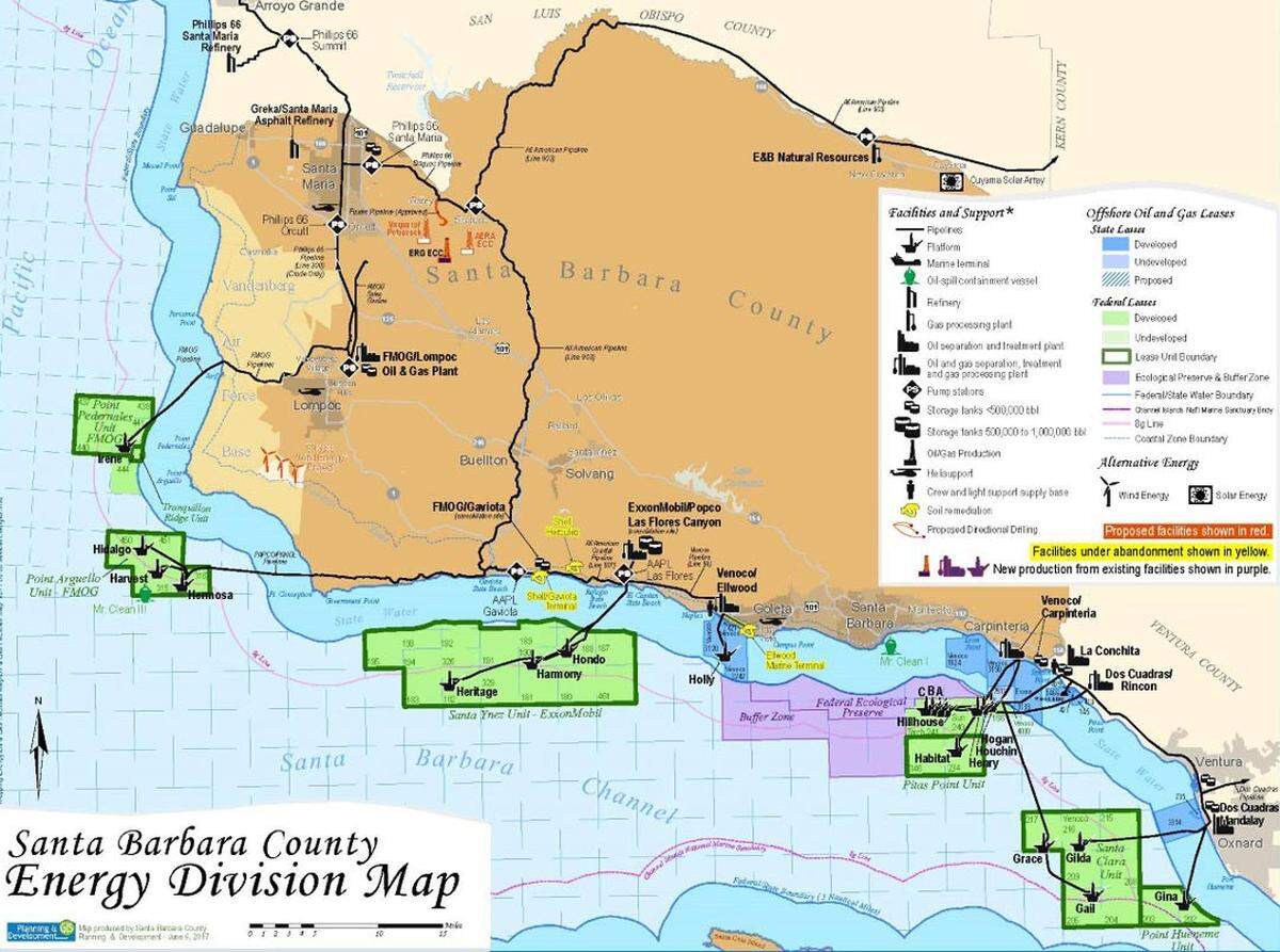 A Santa Barbara County map of offshore oil and gas facilities from 2019. Most of the South County platforms are being decommissioned.