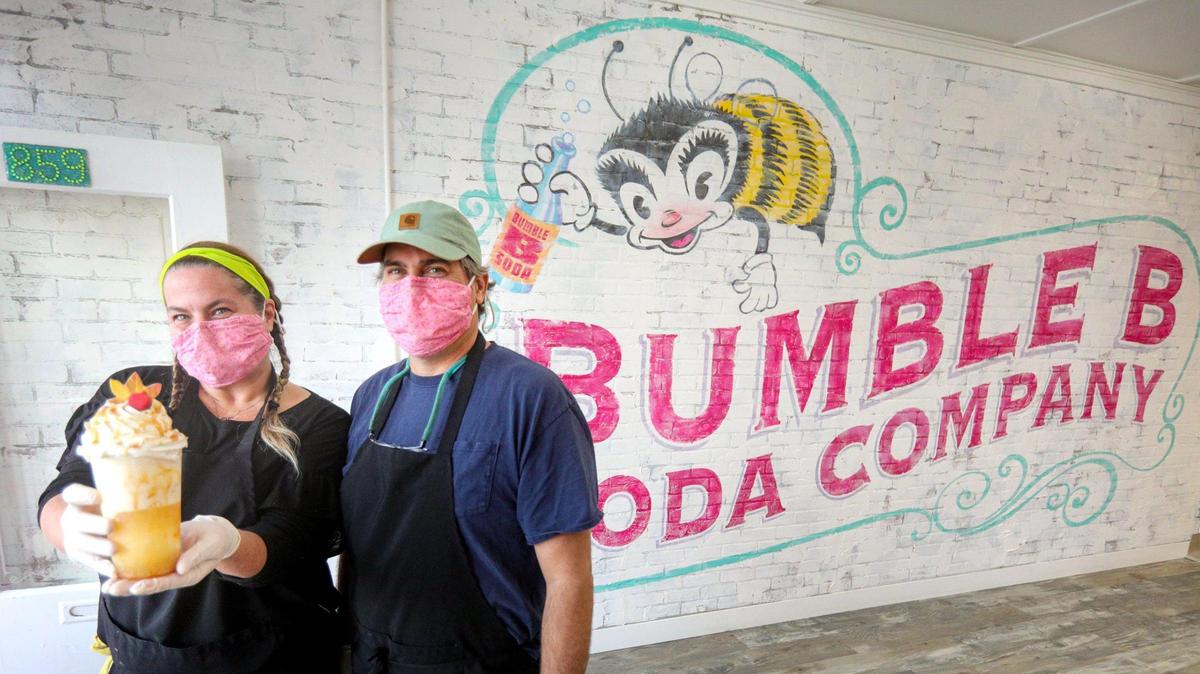 At Bumble B Soda Company in Morro Bay, Marisa and Ryan Bello serve up elaborate ice cream treats like this sparkling caramel apple cider float.