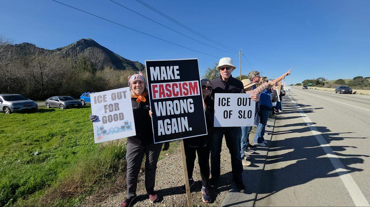 Cindy Lewis (left), Tina Wener and Jeff Lewis protest U.S. Immigration and Customs Enforcement on Kansas Avenue in San Luis Obispo on Jan. 11, 2026.