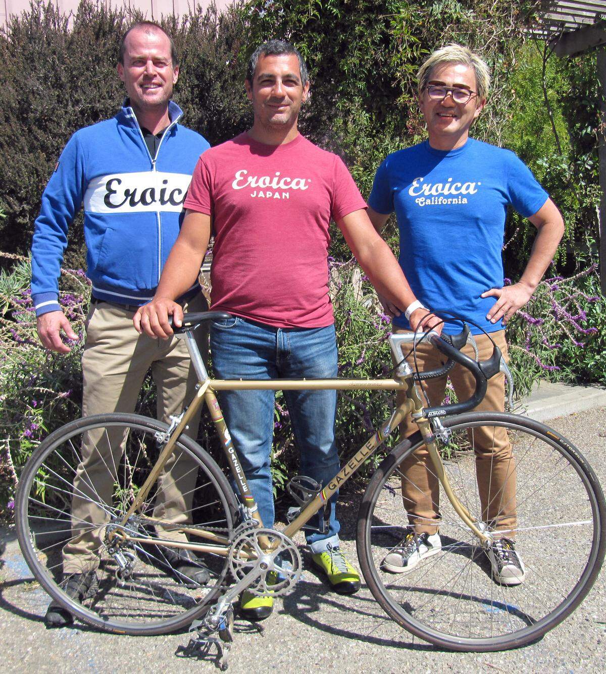 From left, Aaron Linn of Cambria, Amadeo Polito of Italy and Wesley Hatakeyama of Paso Robles are planning for the historical-bicycle Eroica California ride that could bring more than 1,300 cyclists to Cambria in April. Cambria is now the home base for the California edition of the international rides that happen all around the world every year.