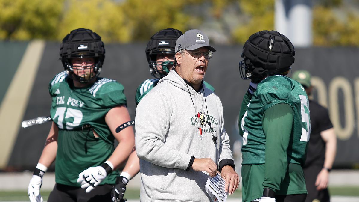 Coach Paul Wulff conducts drills during the Cal Poly football team’s spring practices at Doerr Family Field on April 14, 2023.