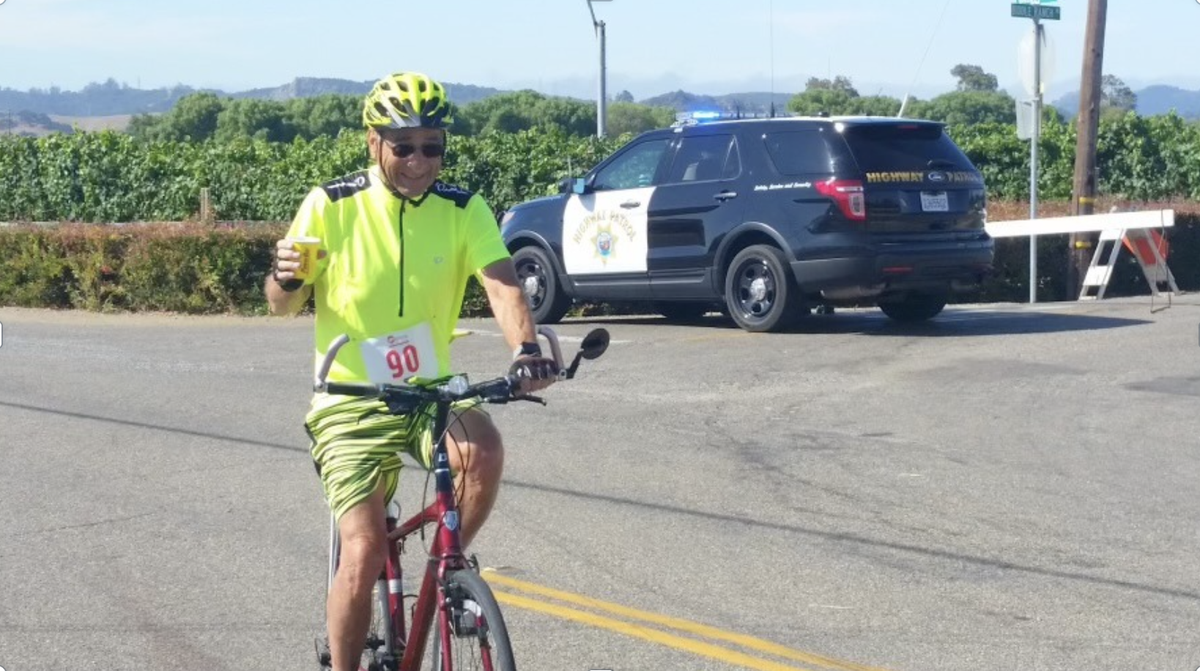 Saul Goldberg rides his bike in a triathlon in 2017. Goldberg died after being hit by a car while cycling in San Luis Obispo on July 23, 2024.