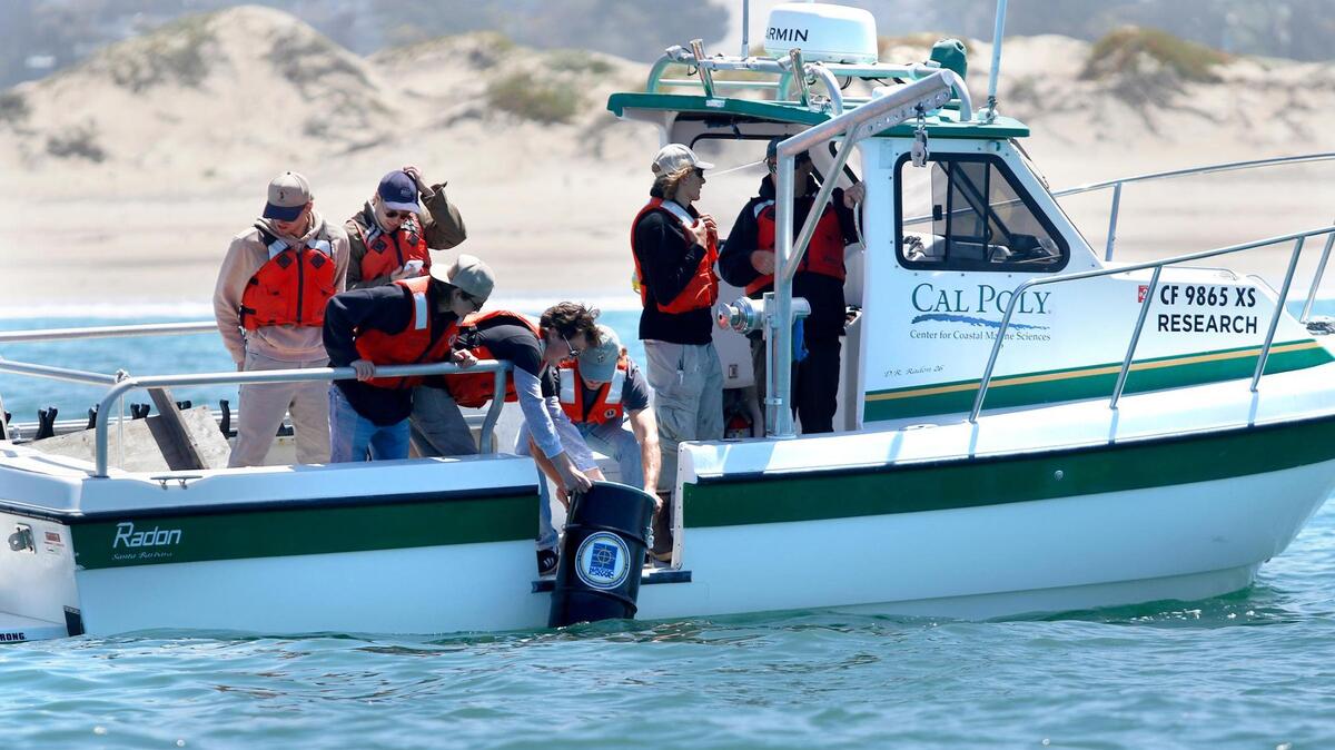 Cal Poly students took to the seas May 23, 2025, to test a prototype for a device aimed at harnessing the energy of waves to charge batteries. The students lift the ocean-powered generator out of the Morro Bay harbor.