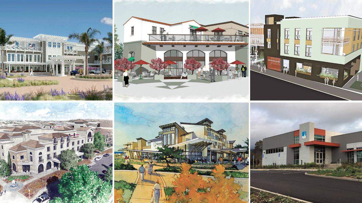 Top row, from left: The Inn at the Pier in Pismo Beach, La Plaza Center in Atascadero and Chinatown in San Luis Obispo. Bottom row, from left: Pine Street Promenade in Paso Robles, Grover Beach Lodge and Convention Center and the Pacific Gas and Electric Co. building in San Luis Obispo.
