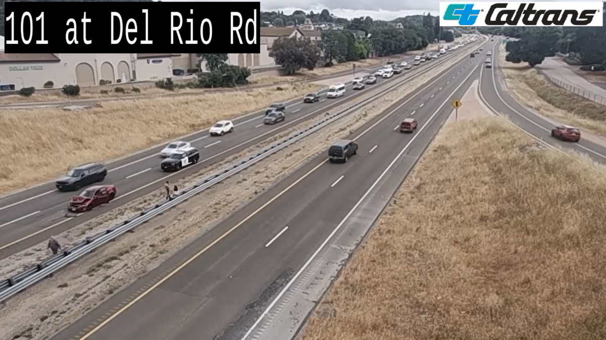 Two crashes occurred on northbound Highway 101 near Del Rio Road in Atascadero on April 10, 2026. A camera feed shows one car’s front end crunched, with police nearby.