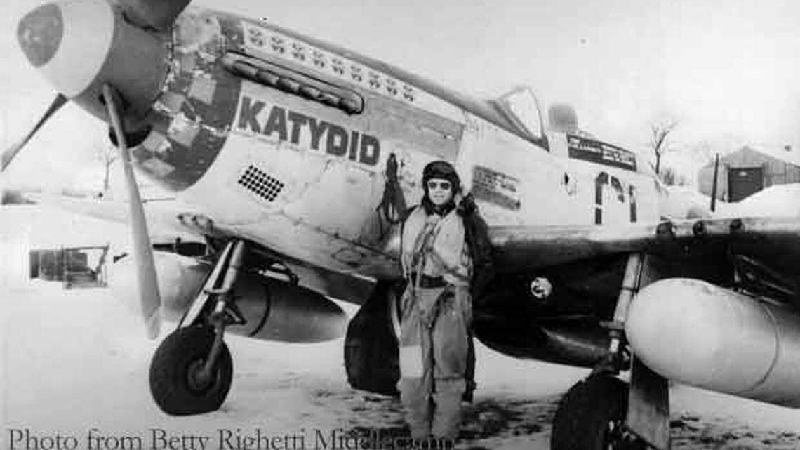 t. Col. Elwyn Righetti in front of his P-51 D Mustang Wormingford, England. The winter of 1944 was unusually cold, snow covers the ground. In February 1945 he was promoted to leading the 55th fighter group. He was credited with 7.5 aerial victories and his 27 ground victories, the highest total for ground victories in that airforce. He was shot down over Germany on his 30th birthday, April 17, 1945 while strafing a Nazi airfield. Although he radioed that he had landed safely he is missing in action, presumed killed.
Photo from the collection of Betty Righetti Middlecamp