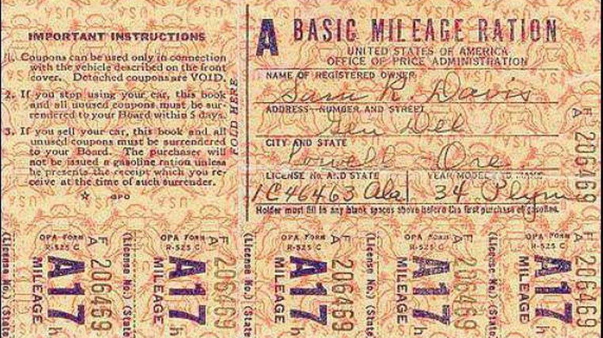 Gas rationing stickers from World War II. People with Class A stickers were allowed 3 gallons of gasoline per week. Class B drivers (factory workers, traveling salesmen) received 8 gallons per week. Class C drivers included essential war workers, police, doctors and letter carriers. Class T included all truck drivers. Class X was reserved for politicians and other ‘important people.’