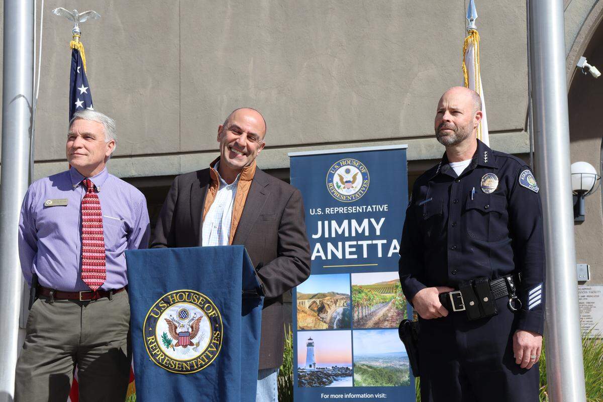 Rep. Jimmy Panetta, center, spoke at a news conference on Feb. 18, 2026, with Atascadero Mayor Charles Bourbeau, left, and Police Chief Daniel B. Suttles announcing an $850,000 federal grant to help remodel the city’s police station.