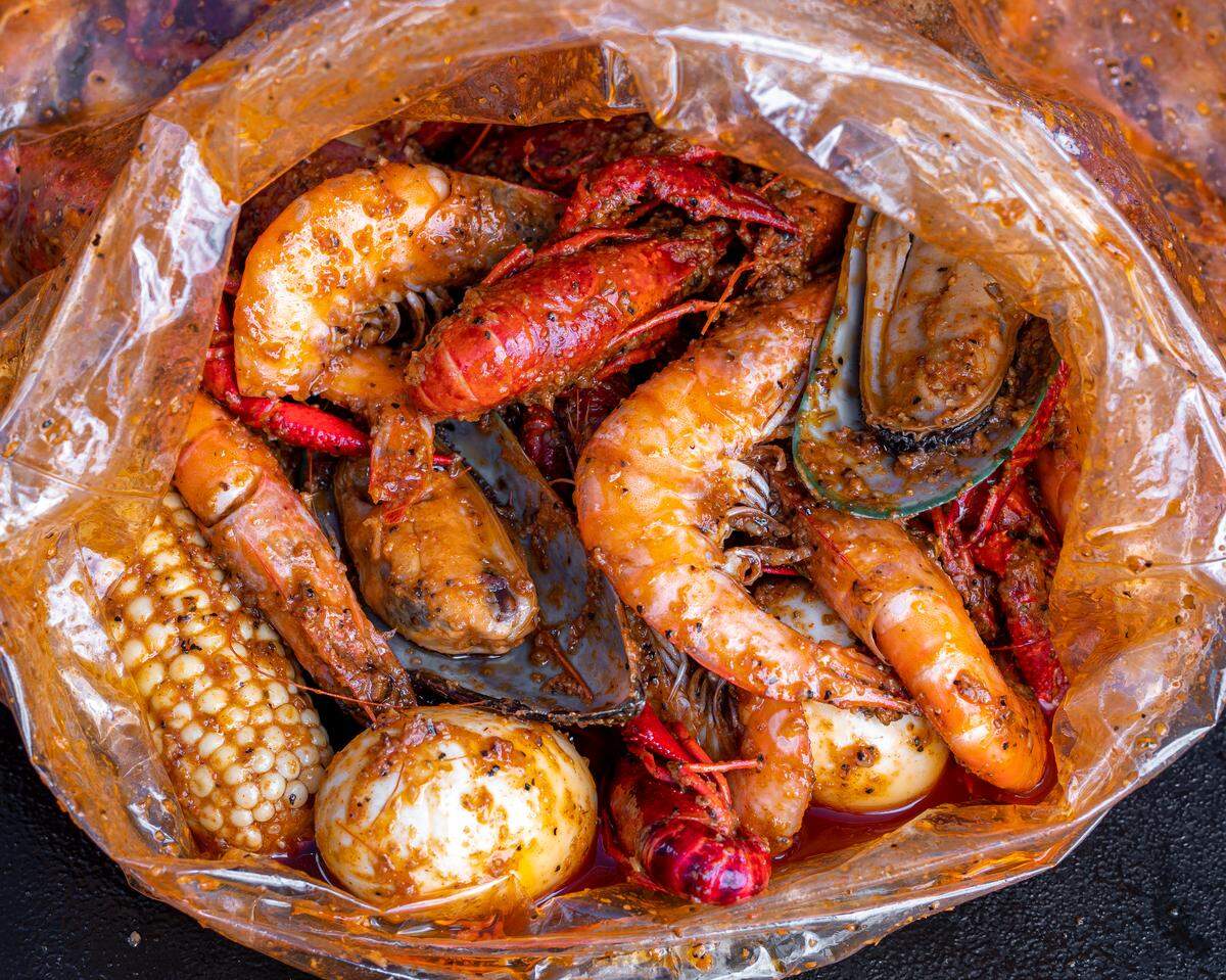This assortment of seafood is the attraction of one of Crab It While It’s Hot’s seafood boil entrees, coming soon to Morro Bay.