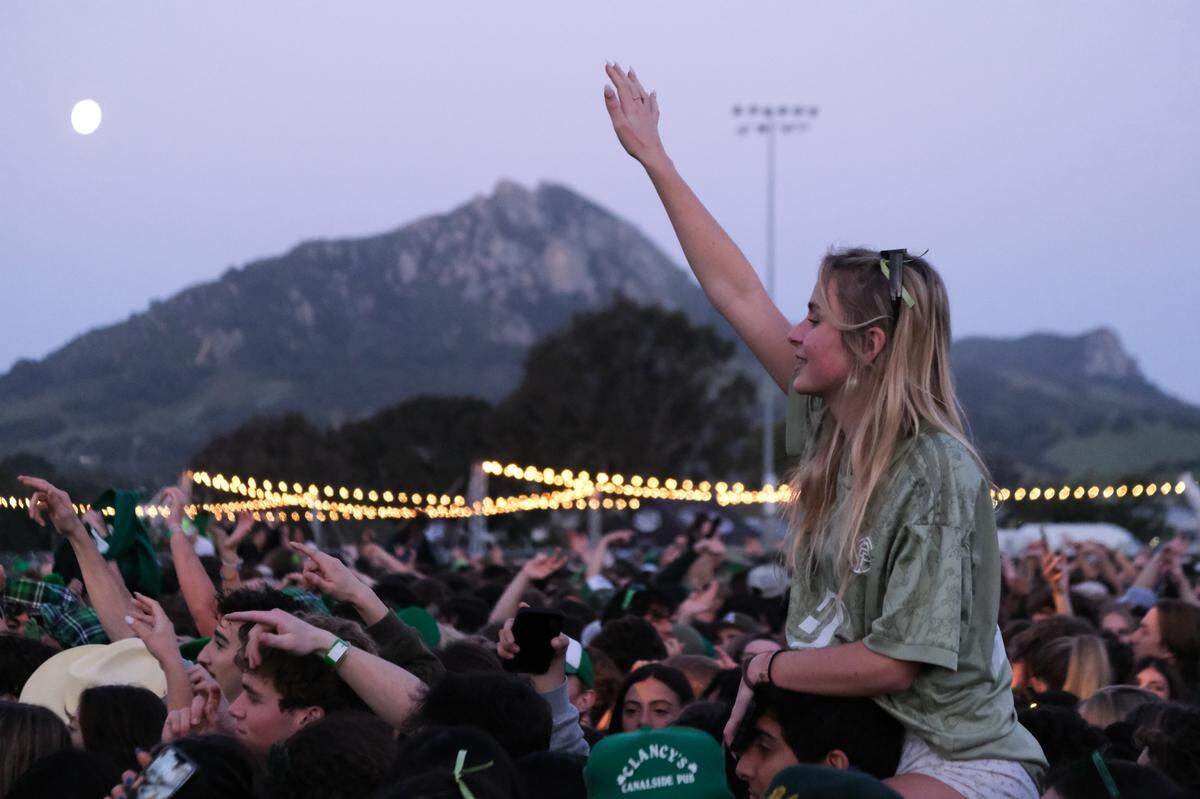Cal Poly students enjoy watching Galantis perform at Cal Poly’s “Morning on the Green” music festival as the sun rises on March 15, 2025. The festival was sponsored by the university to give students a safer option instead of partying in the streets on St. Fratty’s Day.