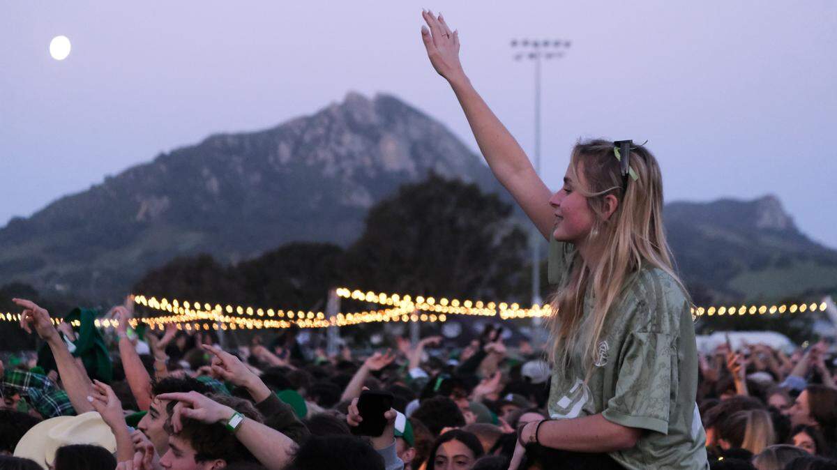 Cal Poly students watch Galantis perform at Cal Poly’s “Morning on the Green” music festival on March 15, 2025. The festival was sponsored by the university to give students an option to partying in the streets.