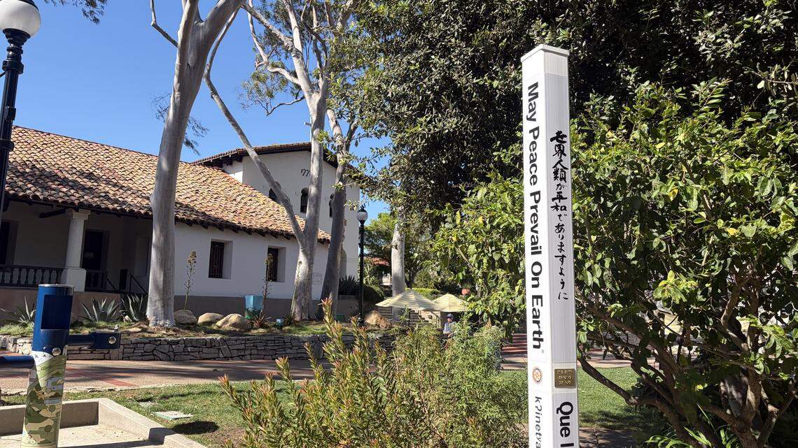 Four San Luis Obispo Rotary clubs joined forces to get a “peace pole” installed in Mission Plaza, as a way to encourage unity in the community. The ribbon cutting for the new structure was April 14, 2026.