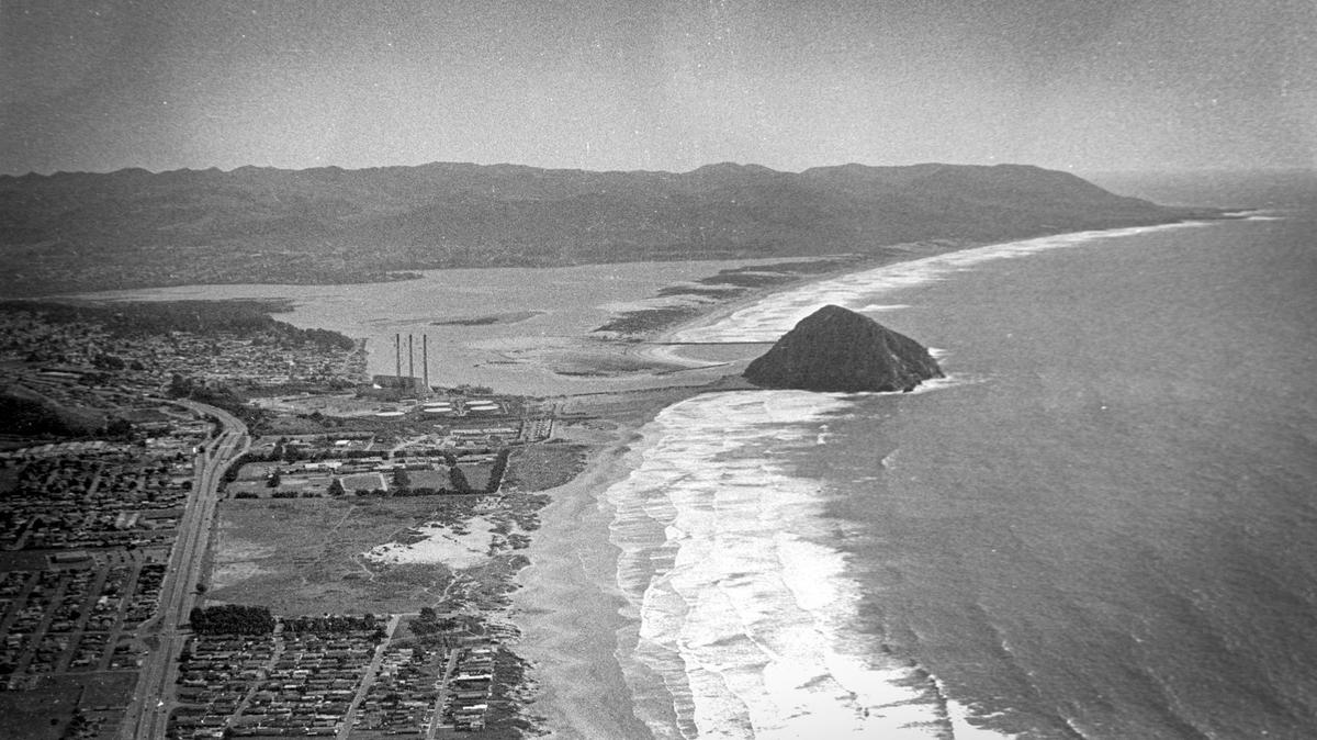 This historic aerial view looking south toward Morro Rock, sandspit and Los Osos in distance. It shows the then undeveloped Cloisters property in lower left third of photo. Reporter Brooks Townes took a flight over coastal areas from Morro Bay to Avila Beach on Feb. 22, 1984.
