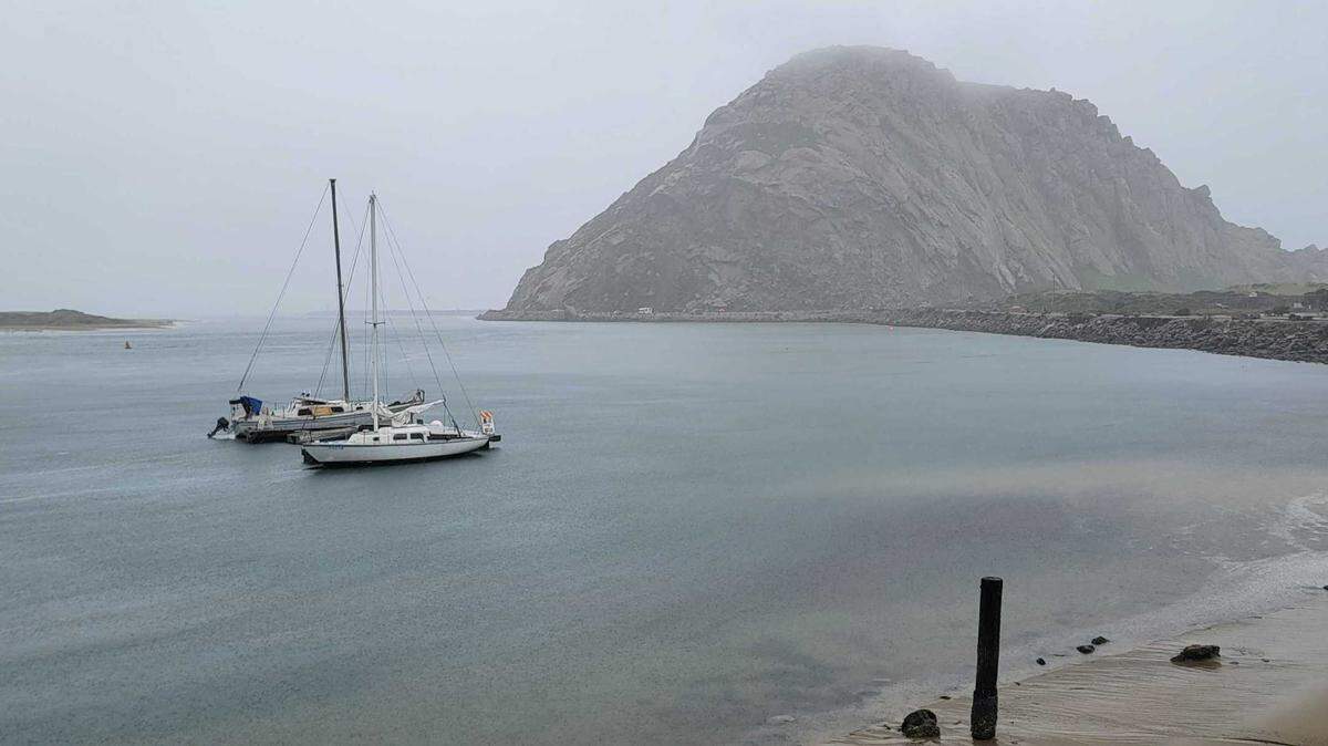 Heavy rain fell in Morro Bay on Monday afternoon, March 28, 2022, as a thunderstorm moved ashore with warnings of waterpouts and pea-sized hail.