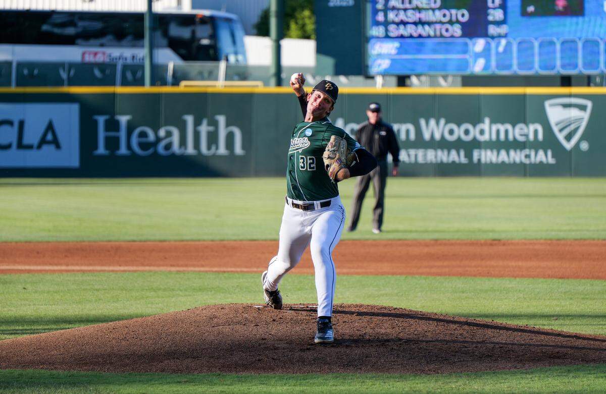 Carson Turnquist struck out seven in six innings in Cal Poly’s 14-1 over St. Mary’s at Jackie Robinson Stadium. The win sends the Mustangs to the Los Angeles Regional Final.