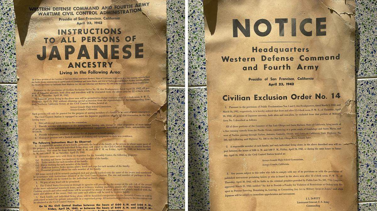 These 80-year-old posters about the 1942 internment of the Japanese in the U.S. are part of a collection of historical artifacts belonging to the Borradori family of Cayucos. The U.S. government told Japanese families that they could no longer remain in certain areas of the Central Coast, and they’d have only a day or two to get ready to be relocated to their “new residence,” which turned out to be this country’s equivalent of concentration camps.