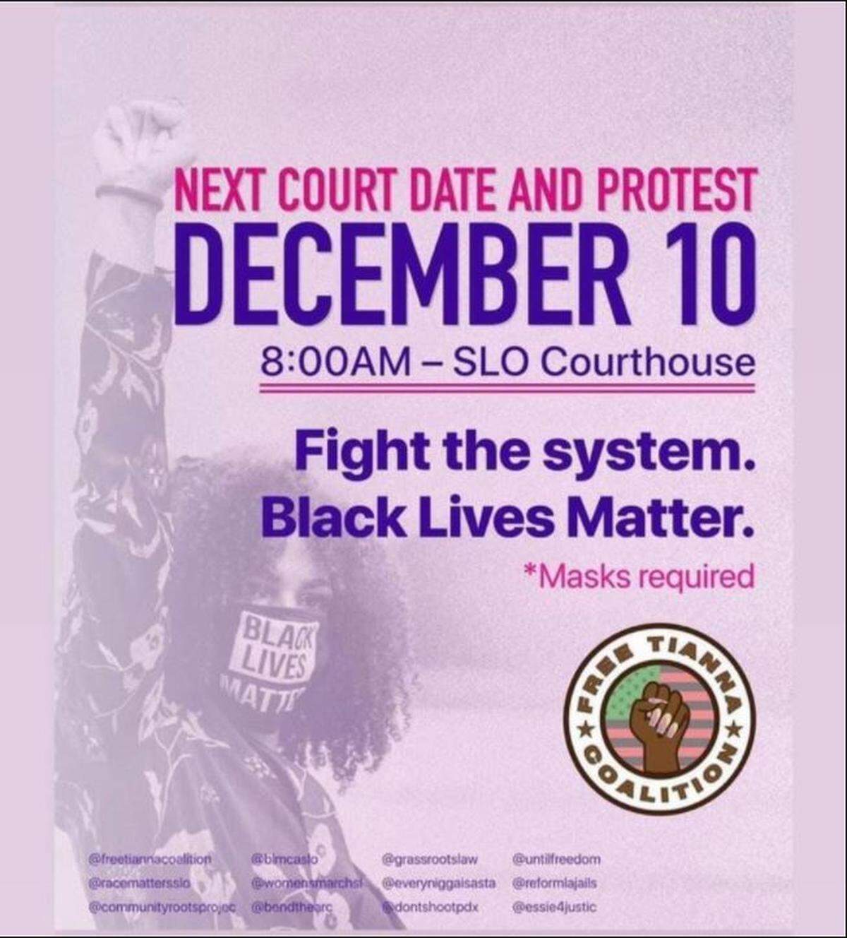 A flyer for a protest outside the San Luis Obispo Superior Courthouse Dec. 10, 2020, in support of local Black Lives Matter protesters during their court hearing.