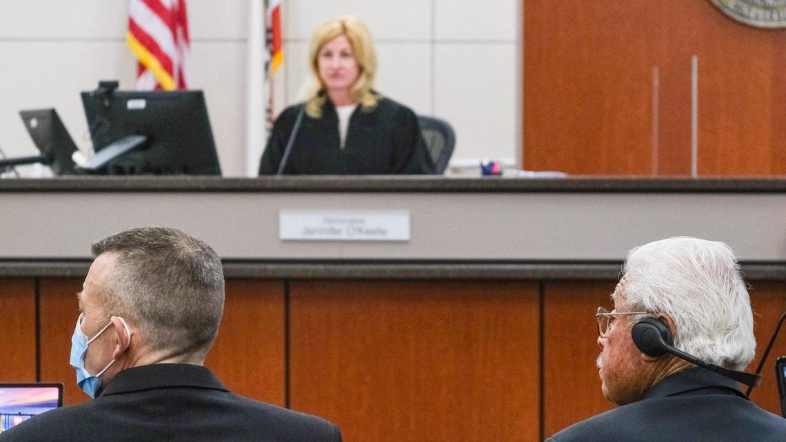 Paul Flores, left, his father Ruben Flores listen during a hearing on pretrial motions Monday, June 6, 2022, before Judge Jennifer O’Keefe at Monterey County Superior Court in Salinas. Paul Flores is alleged to have killed Kristin Smart after an off-campus Cal Poly party in May 1996. He was the last person seen with the Cal Poly student. Ruben Flores, Paul Flores’ father, is charged with accessory after the fact.
