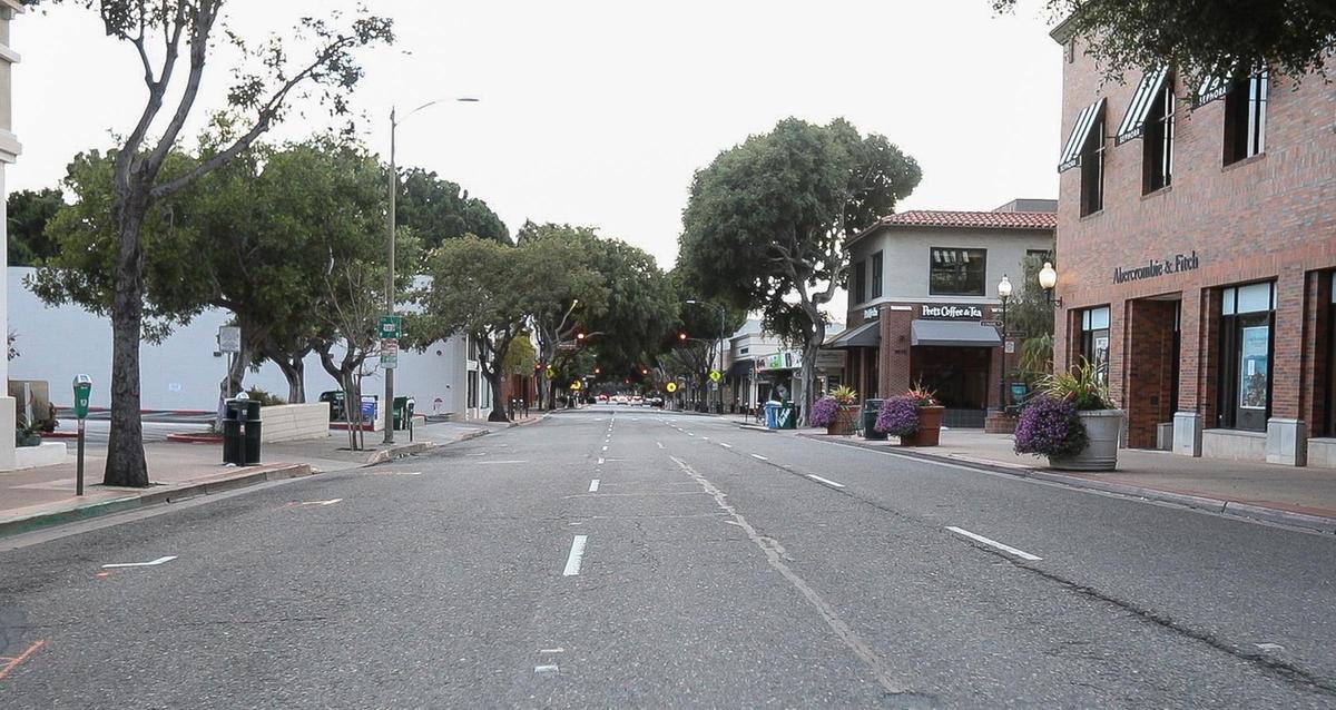The usually busy streets in downtown San Luis Obispo were virtually empty Thursday night after the county’s shelter-at-home order went into effect at 5 p.m. This is Higuera Street at Osos Street around 6:30 p.m., when a full Farmers Market would be happening.