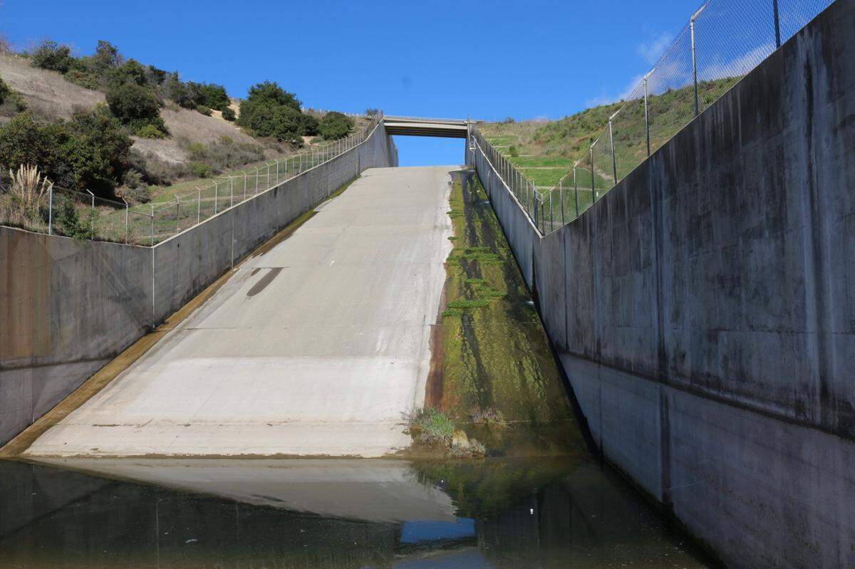 Lopez Lake was about 2 feet from spilling over its spillway, seen here, on Jan. 5, 2024.
