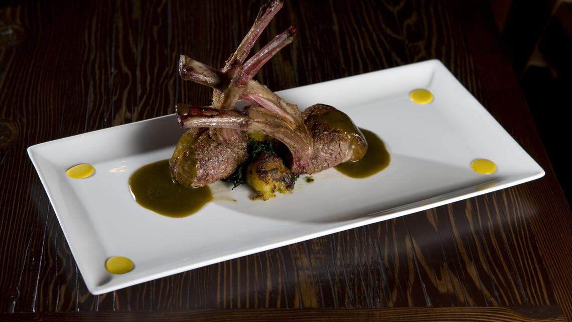 At La Cosecha in Paso Robles, the grilled rack of lamb is served with salsa verde.