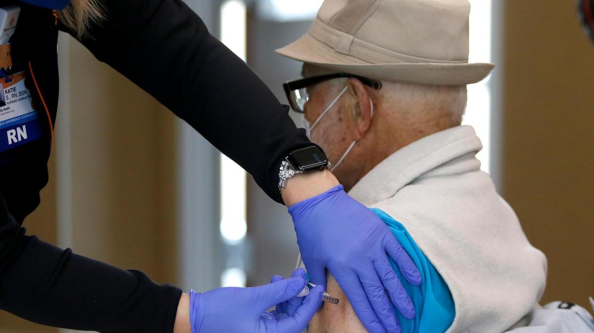 Bob Thomas of San Luis Obispo receives the COVID-19 vaccine at French Hospital Medical Center’s clinic. It began administering vaccinations for SLO County residents 75 years and older on Friday, Jan. 29, 2021.