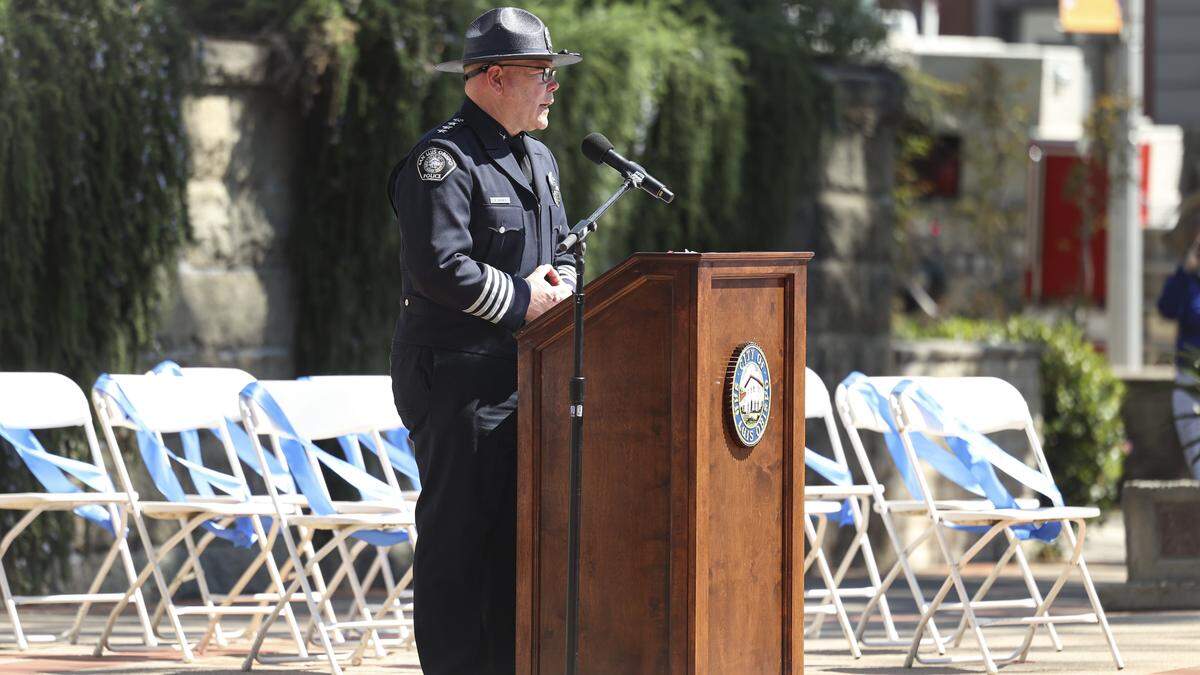 San Luis Obispo City Police Chief Rick Scott gave the keynote speech standing next to empty chairs draped with blue ribbon that represented the fallen officers. The county’s annual Peace Officers’ Memorial ceremony was held at Mission Plaza on May 7, 2026.