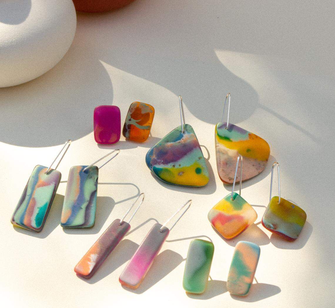 Surf Gems earrings are made out of recycled resin from surfboard production.