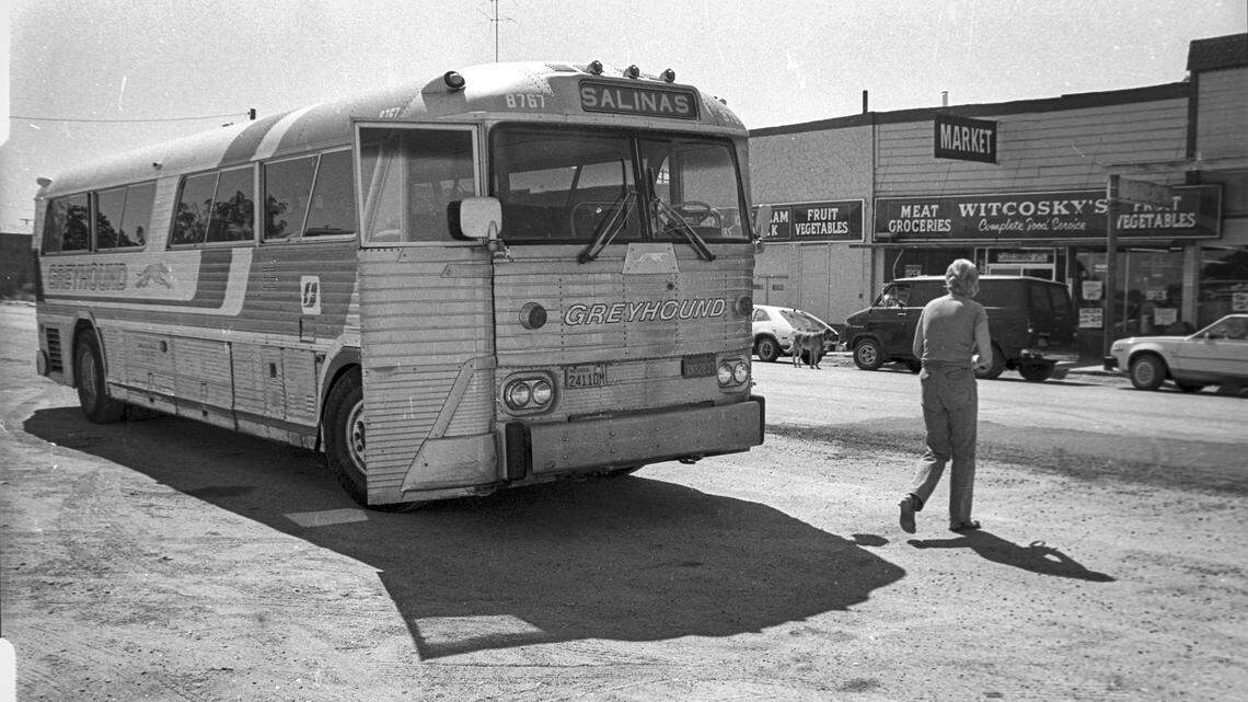 Greyhound bus to Salinas stops in front of Witcosky's Market in San Miguel on Sept. 19, 1980.