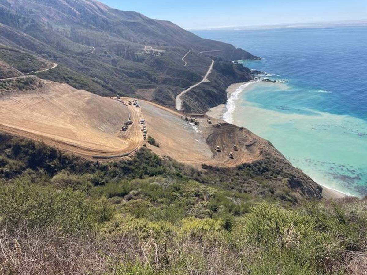 Road-clearing and slope-stabilizing work continues at Regent’s Slide, about 27 miles north of the San Luis Obispo/Monterey county line. The photo illustrates various levels on which the repairs are progressing.