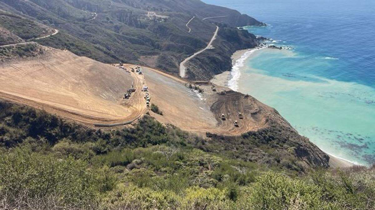 Road-clearing and slope-stabilizing work continues at Regent’s Slide, about 27 miles north of the San Luis Obispo/Monterey county line. The photo illustrates various levels on which the repairs are progressing.