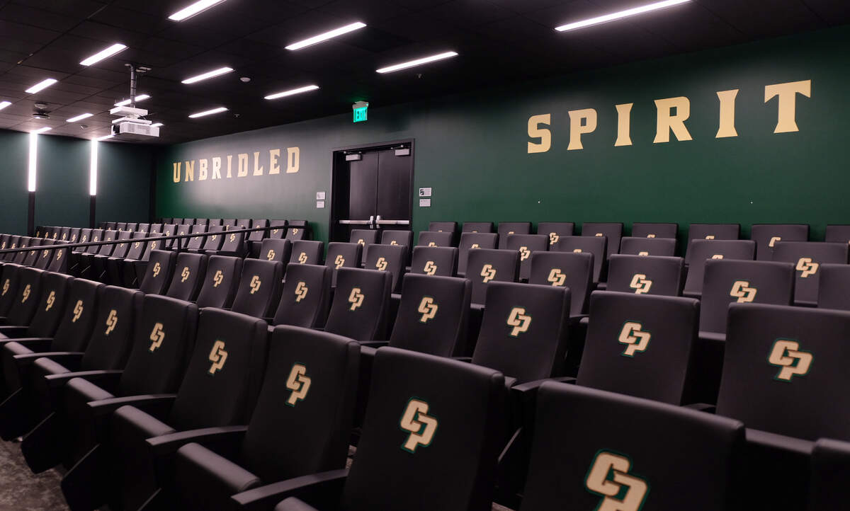 Cal Poly’s newly unveiled John Madden Football Center features a teem meeting room lined with seats facing instruction boards, seen here on June 5, 2026. The facility can also double as a classroom.
