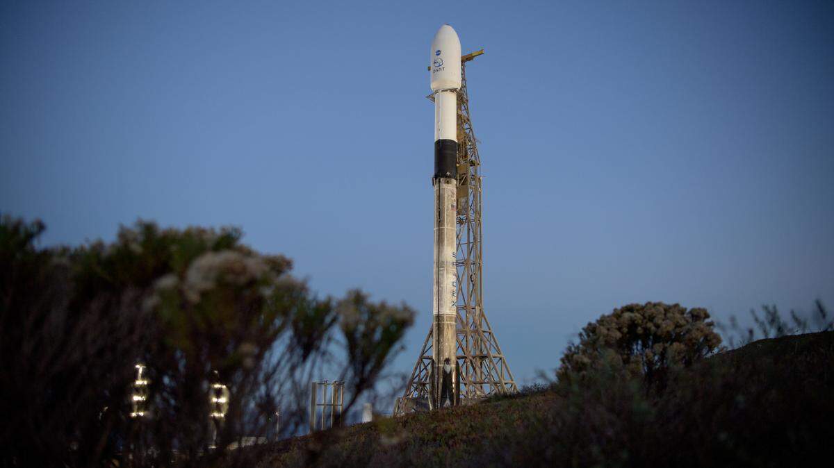 The SpaceX Falcon 9 rocket is seen during sunrise, Tuesday, Nov. 23, 2021, at Space Launch Complex 4E, Vandenberg Space Force Base in California.