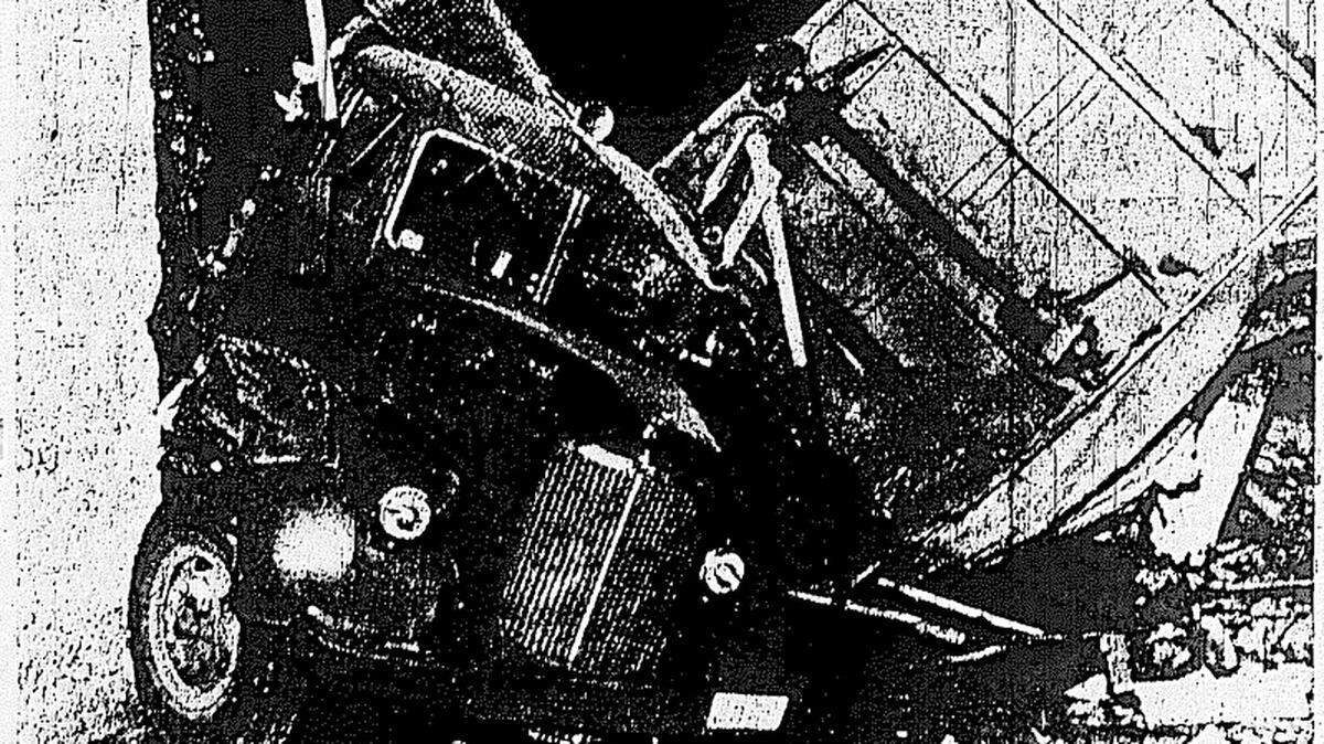 This photo, published April 20, 1953, shows the runaway truck after its wild ride from the top of Cuesta Grade to San Luis Creek on Nipomo Street at Monterey Street.