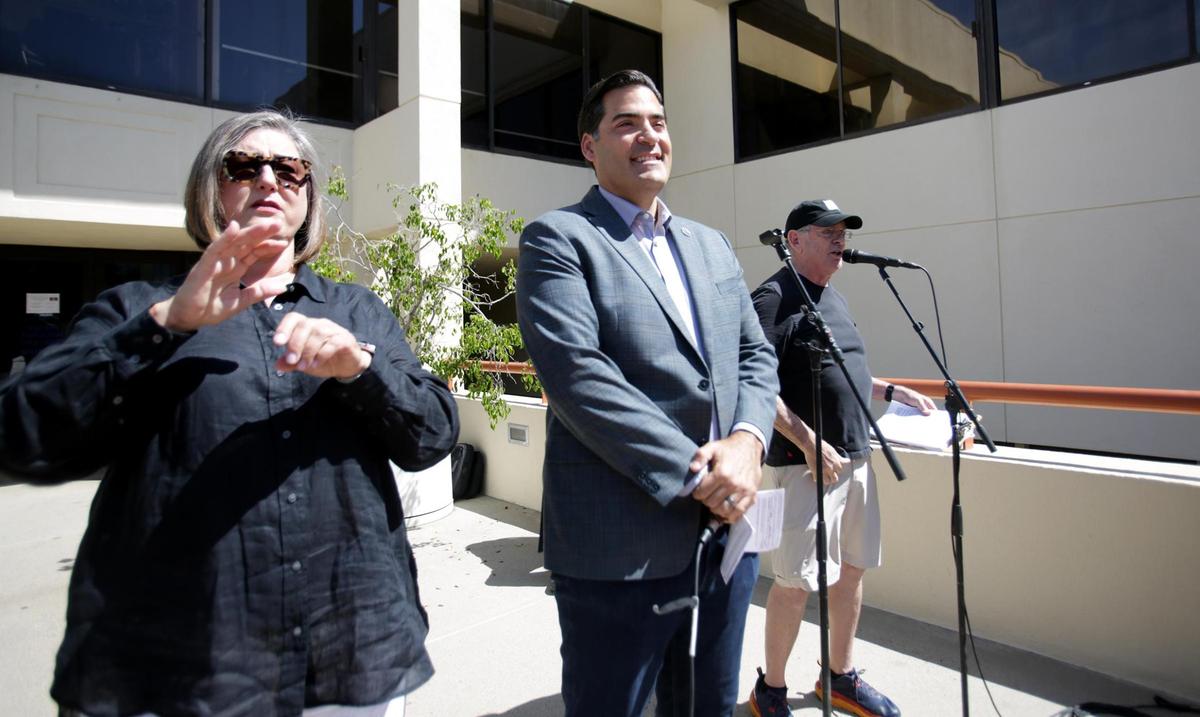 District 4 SLO County supervisor Jimmy Paullding spoke at the protest rally. The crowd in front of the SLO County Superior courthouse.Rallies were scheduled in three SLO County cities, joining 1,800 total nationwide to take a stand against what organizers and rally-goers see as the Trump administration’s overreach of executive power.