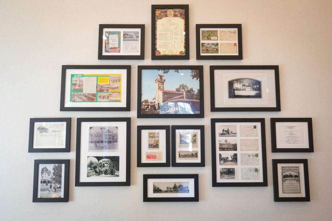Historic photos and advertising are displayed in the 1889 house. Tour of the newly renovated Paso Robles Inn on Oct. 9, 2024.