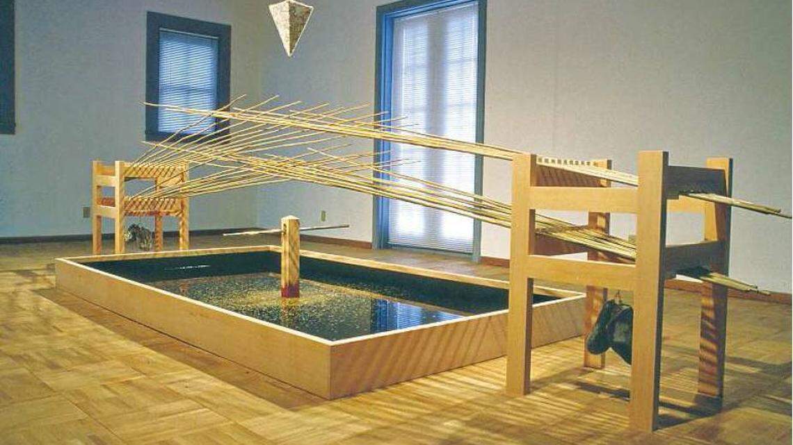 Mineko Grimmer’s ‘Intermittent Composition’ creates unique sounds each time part of the suspended frozen mass of pebbles melts.