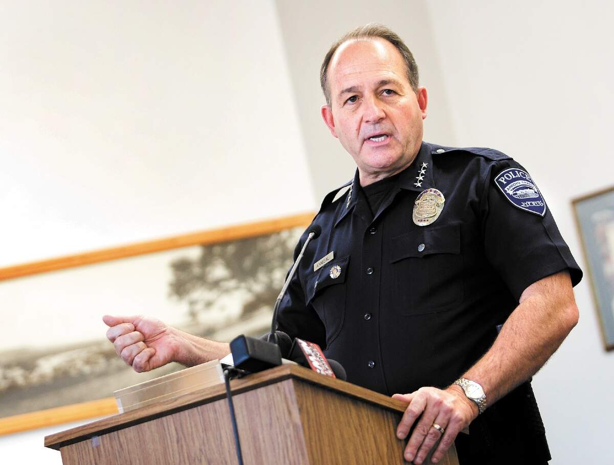 Former Arroyo Grande police Chief Steve Annibali speaks during a news conference in 2011. Annibali left a gun in his car in 2013, which was stolen.