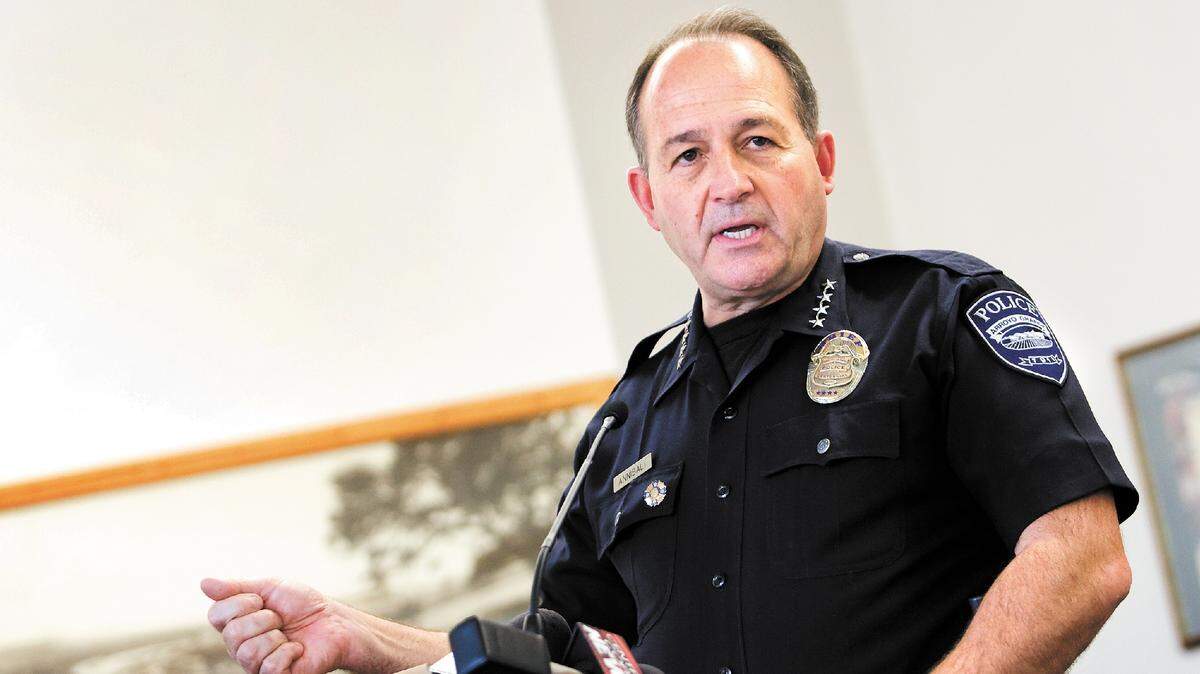 Former Arroyo Grande police Chief Steve Annibali speaks during a news conference in 2011. Annibali left a gun in his car in 2013, which was stolen.