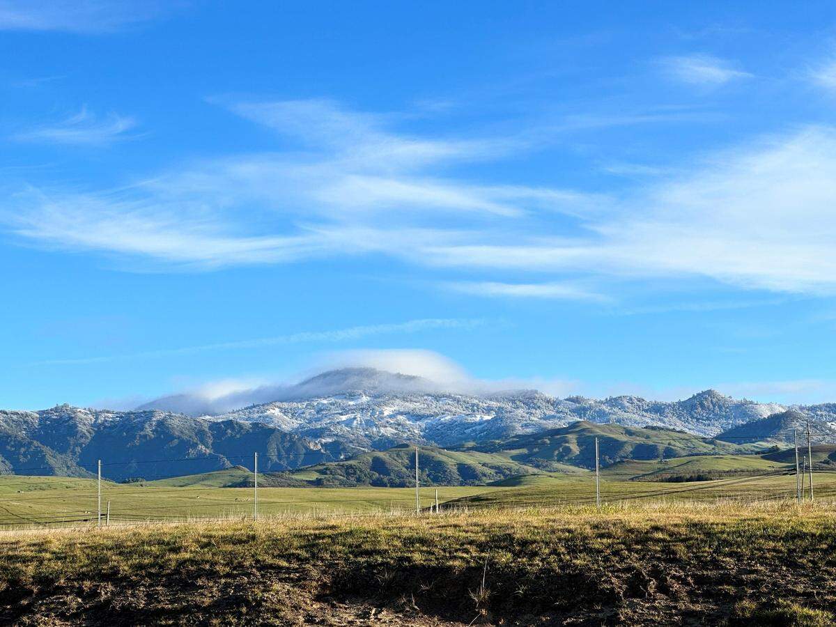Lorienne Schwenk, executive director of the Cambria Chamber of Commerce, shot this photo of snow on the surrounding hills on Thursday, Feb. 23, 2023.