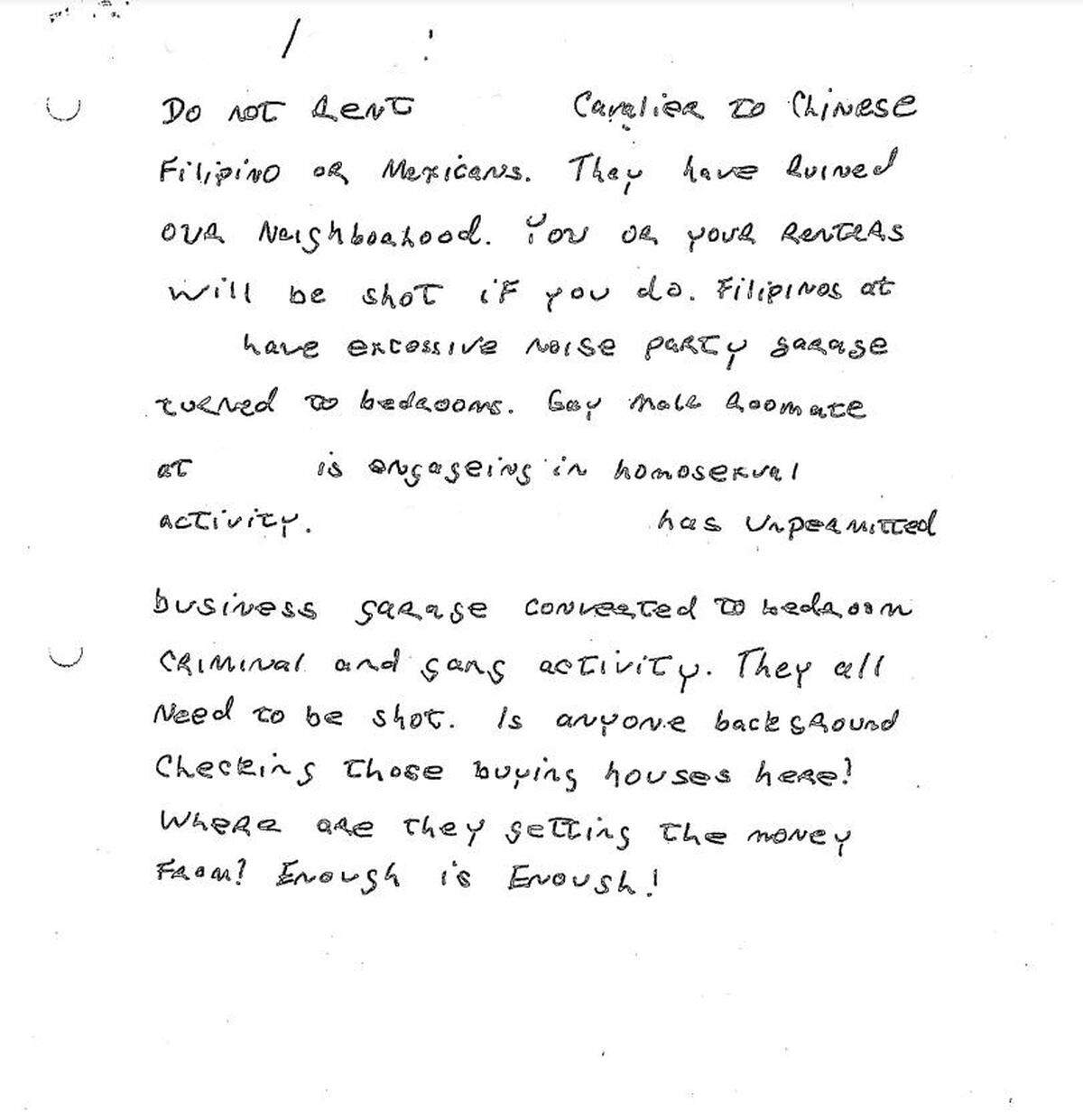 A letter send to a San Luis Obispo realtor in May 2019. Prosecutors initially charged retired San Luis Obispo firefighter Richard Orcutt with sending the letter, but charges were dismissed Thursday, Sept. 24, 2020. Names and addresses have been removed from the letter.