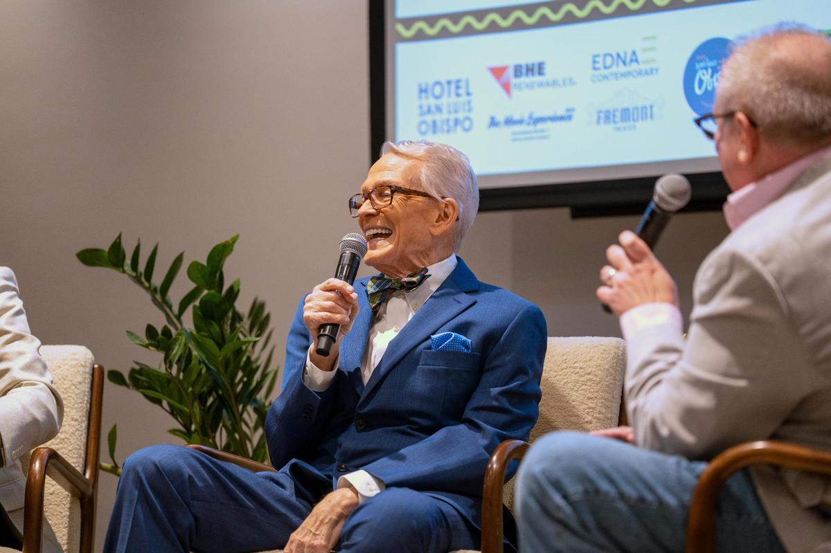 Prolific Hollywood costume designer Bob Mackie was presented with the King Vidor award by the San Luis Obispo International Film Festival at Hotel San Luis Obispo, pictured here Monday, April 28, 2025. Mackie and designer Joe McFate were interviewed by Cal Poly theater professor Thomas Bernard.