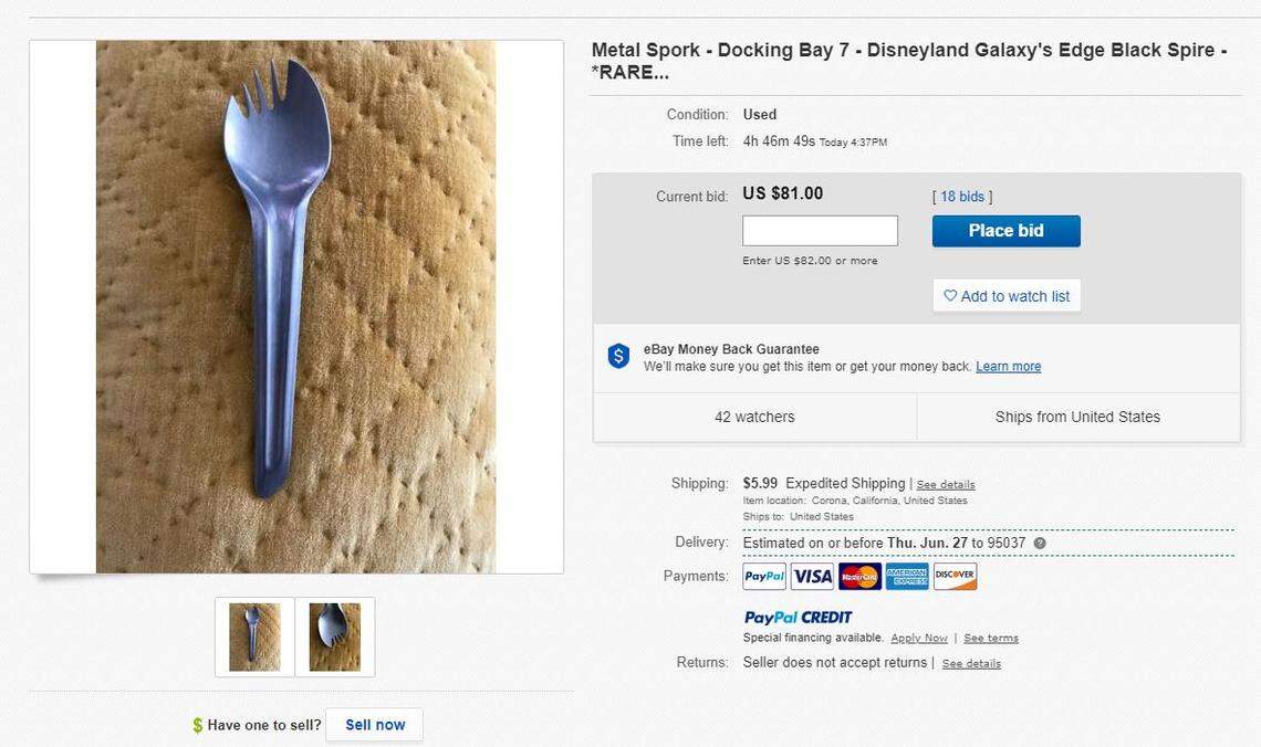 Star Wars: Galaxy’s Edge merchandise, like the spork above, is available for sale on eBay.