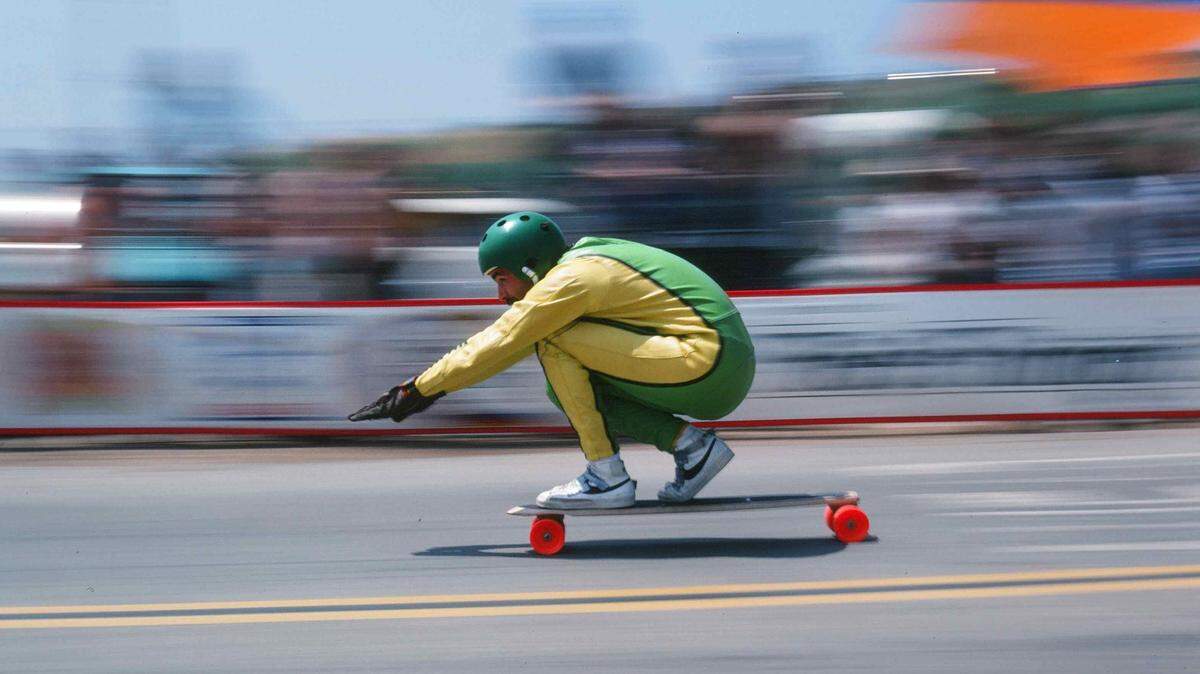 Cliff Coleman competes in the Signal Hill Speed Run downhill skateboarding race in 1978.