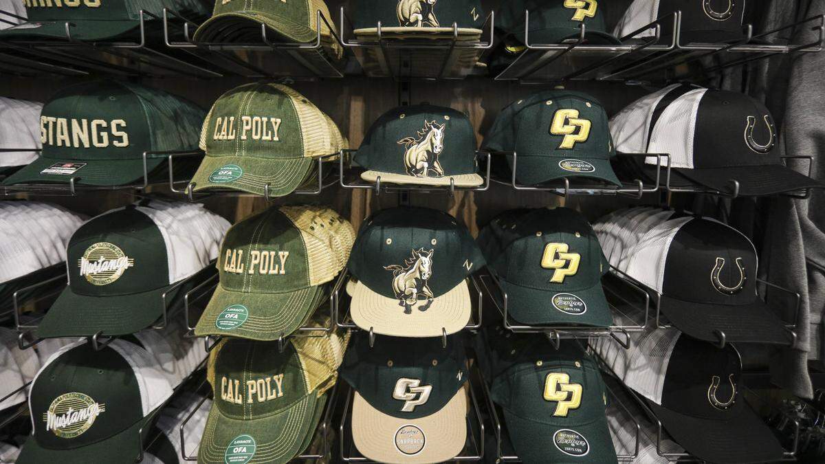 The new downtown Mustang Shop is open at the corner of Chorro and Marsh streets in San Luis Obispo, seen here on May 18, 2026. Cal Poly hats are available in a range of sizes.