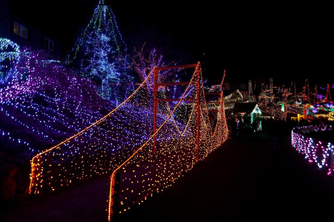 A light display inspired by the Golden Gate Bridge is among the attractions at Cambria Christmas Market on Wednesday, Dec. 14, 2022.