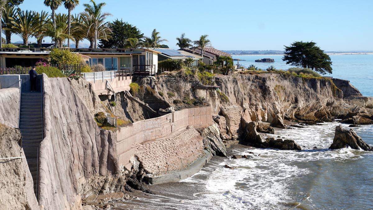 A stretch of seawall near 195 Seacliff Drive is in the process of being repaired in Shell Beach. A large crane was spotted moving materials between the blufftop street and the beach earlier this week.